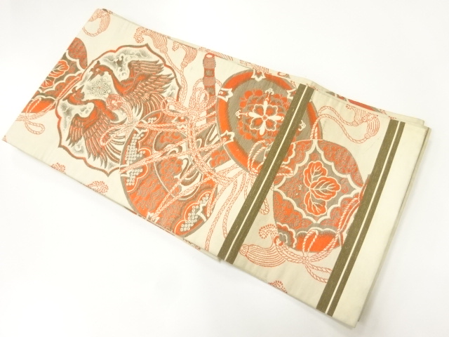 JAPANESE KIMONO / ANTIQUE OBI FOR KIDS / WOVEN DRUMS & FLOWERS & BIRDS